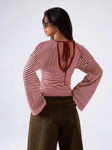 LYSMO Women's Casual Comfortable Red & White Striped V-Neck Long Sleeve Top, Autumn/Winter - Red - View 2