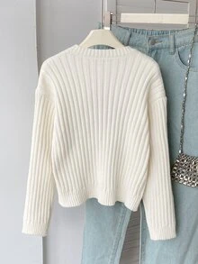 Girls' Autumn/Winter Fashion Five-Point Star Pattern Jacquard Khaki Knit Sweater Long Sleeve Top - White - View 2