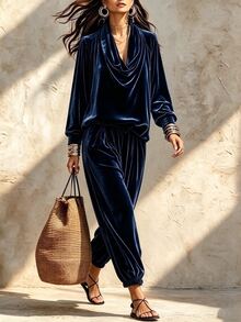 LUMIGAL Loose Cowl Neck Lantern Sleeve Top With Draped Elastic Waist Wide Leg Harem Pants, Relaxed Lazy Two Pieces Set - Black - View 4