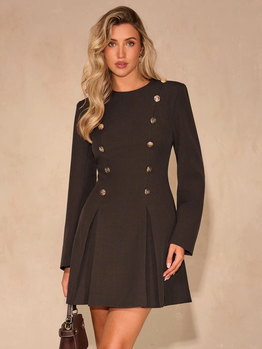 Enchnt Women's Solid Color Metal Button Design Long Sleeve Elegant Dress - Brown - View 1