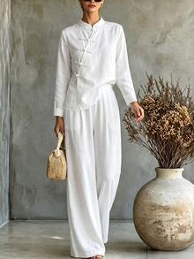 SHEIN Women's New Chinese Style Linen Set, Asymmetrical Collar Frog Button Top, High Waist Draped Wide Leg Pants With Pockets, 2 Pieces Set - White - View 1
