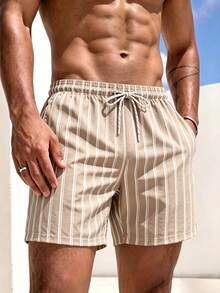 Manfinity KASUA Men's Vacation Drawstring Waist Striped Pocket Beach Shorts - Apricot - View 1