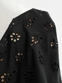 Nubod Black Embroidered Plus Size Women's Notch V-Neck Lantern Sleeve Blouse Fall - Black - View 7