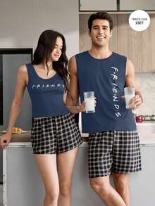 CoupledUp FRIENDS X SHEIN Men's American Vintage Letter Print Tank Top And Plaid Shorts Pajama Set - Blue - View 3