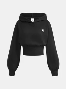 Girlism 青少年女孩秋冬新款針織黑色小Logo刺繡連帽收腰長袖運動衫，返校季休閒時尚百搭 - 黑色 - 查看 6