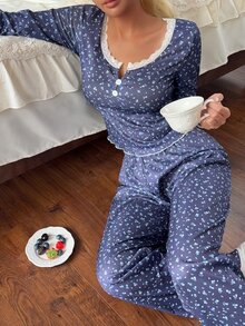 CottageSlumber Ice Silk Ribbed Lace Collar Ditsy FloralPrint Long Sleeve Long Pants Pajama Set - Navy Blue - View 6