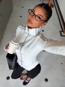 Muchica 女款毛茸茸修身對比色緞帶薄款夾克，萬聖節、街頭風、派對、秋冬春夏、聖誕節、新年、感恩節、派對、畢業典禮、優雅、外出、約會、通勤、情人節、優雅、Y2K、畢業典禮及其他場合 - 白色 - 查看 4