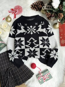 1pc Tween Girls Kids Toddler Casual Christmas Reindeer Snowflake Tree Knitted Long Sleeve Soft Thick Sweaters Pull Jumpers Fall Tops Holiday Fall Winter - Black - View 1