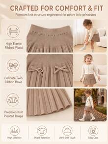 Girls Cute Bow Knitted Pleated Skirt, Versatile Sweet Daily Wear - Apricot - View 8
