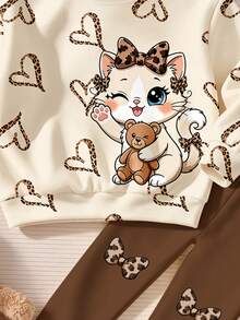 Fall Outfits Baby Girl Cartoon Leopard Print Bow White Cat & Bear Hollow Heart Pattern Round Neck Sweatshirt & Leggings Set Autumn Winter 2026 - Multicolor - View 7