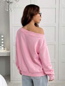 SHEIN EZwear 女款黑色寬鬆不對稱肩領保暖內裡運動衫，秋冬款 - 粉色 - 查看 2