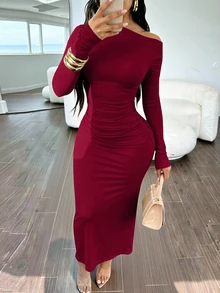 INAWLY Solva Women's Solid Color Asymmetrical Shoulder Long Sleeve Ruched Fitted Elegant Dress - Burgundy - View 3