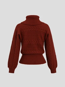 Dulcita Women's Cable Knit Turtleneck Long Sleeve Casual Versatile Sweater - Red - View 2