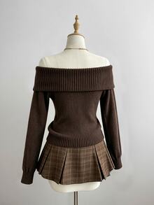 Elamini Brown Cable Knit Cold Shoulder Sexy Fashion Urban Vintage Casual Commute Sweater For Women - Coffee Brown - View 2