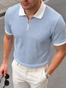 男士淺藍色波浪紋理 Polo 衫，白色對比領口、白色羅紋袖口，半拉鍊短袖休閒上衣，適合春夏秋冬 - 藍色 - 查看 3