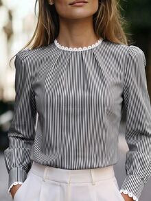 RosyDaze 女款優雅條紋領蕾絲拼接長袖襯衫，適合日常通勤、約會、居家穿著 - 黑色 - 查看 3