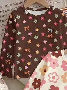 3件組女孩花卉與條紋印花長袖圓領上衣，休閒風格，適合秋冬 - 彩色 - 查看 4