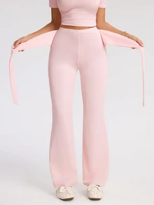 Eassivo Eassivo Women's Solid Color Waist Knot Wide Leg Sports Pants - Pink - View 7