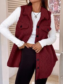 SHEIN EZwear 女款酒紅色法蘭絨外套，適合秋冬穿著，翻領設計，經典版型，長度至 - 酒紅色 - 查看 3