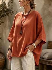 EMERY ROSE Women's Loose Solid Color Minimalist Elegant Casual Versatile Short Sleeve Round Neck Blouse Top - Orange - View 3