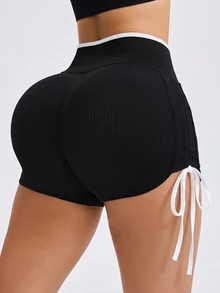 Slayform Slayform 1 buah Celana Pendek Olahraga Wanita Tanpa Jahitan, Elastis Tinggi, Tali Serut Samping, untuk Lari, Kebugaran, Yoga, Studio, Latihan, Lebar 3 Inci - Hitam - View 3