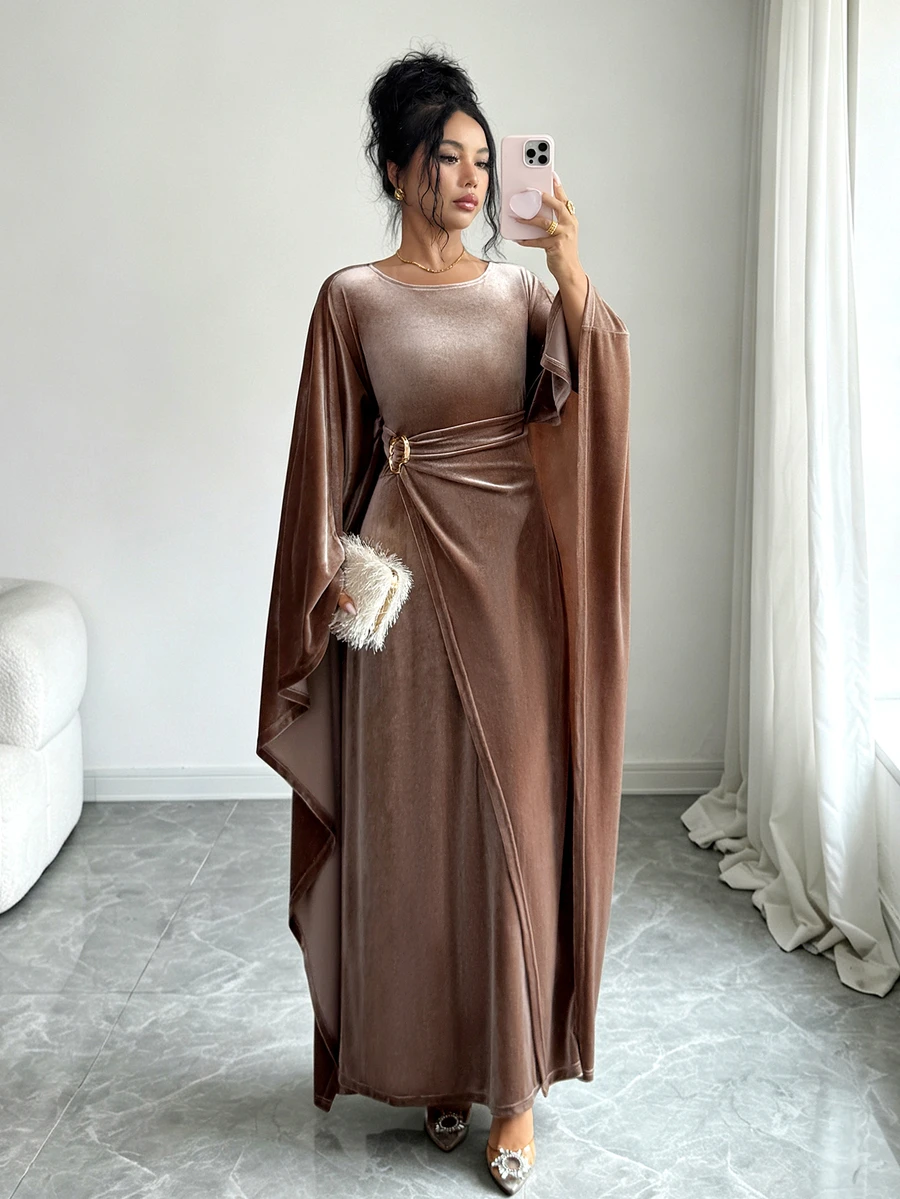 SHEIN Elenzya Women's Solid Color Metal Decor Casual Party Dress - Brown - View 1