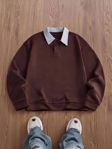 SWAVVY Men's Knitted Fashion Casual Loose Long Sleeve Half-Zip Sweatshirt - Coffee Brown - View 1