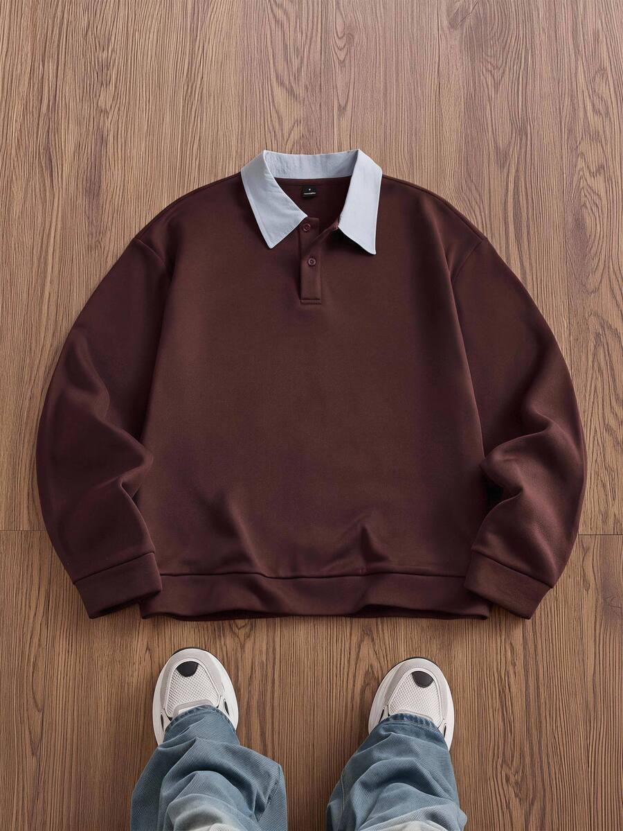SWAVVY Men's Knitted Fashion Casual Loose Long Sleeve Half-Zip Sweatshirt - Coffee Brown - View 1