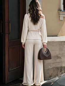 Flora Isola Flora Isola Women's Metal Decor Asymmetric Shoulder Top And Pants Casual Set - Apricot - View 2