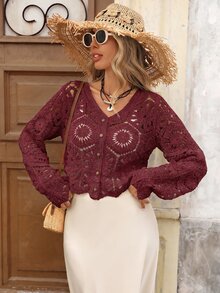 Brillora Women's Solid Color Hollow Out Casual Versatile Daily Wear Cardigan - Burgundy - View 8