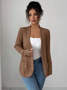SHEIN PETITE 女款休閒羅紋刷毛開襟側口袋短版薄款夾克 - 卡其色 - 查看 4