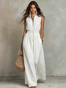 Glimmora Petite Women's Autumn Sleeveless Zipper Waist-Cinching Long Dress - White - View 3