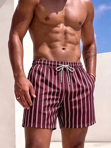 Manfinity KASUA Men's Vertical Striped Drawstring Waist Pocket Beach Shorts - Burgundy - View 5