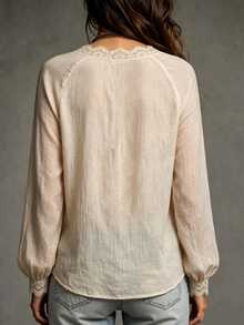 Breezaya Plus Size Women's Fashion Elegant Lace Patchwork Pleated Blouse - Apricot - View 2