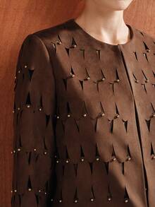 Anewsta Women's Autumn/Winter New Suede-Like Fabric Design Jacquard Burnout Round Neck All-Over Beaded Long Sleeve Jacket - Coffee Brown - View 5