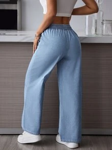 SHEIN PETITE 女款抽繩腰口袋寬腿寬鬆休閒牛仔褲 - 藍色 - 查看 2