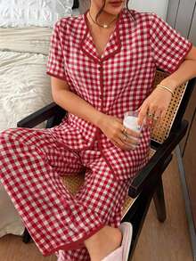 Napfluff Pink Plaid Print Button-Down Short Sleeve & Long Pants Women's Pajama Set, 2 Pieces - Burgundy - View 2