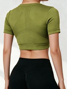 SHEIN Sports 女款純色休閒日常短版運動T恤 - 橄欖綠 - 查看 2