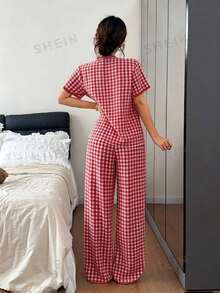 Napfluff Pink Plaid Print Button-Down Short Sleeve & Long Pants Women's Pajama Set, 2 Pieces - Burgundy - View 3