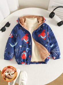 SHEIN 兒童小男孩 1 件冬季卡通印花保暖內裡連帽外套 度假可愛街頭 Y2K 生日派對返校萬聖節上衣 - 彩色 - 查看 1