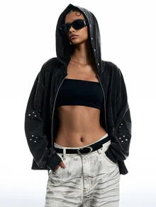 LYSMO Women's Solid Color Drop Shoulder Long Sleeve Zip-Up Casual Pocket Hooded Sweatshirt - Black - View 7