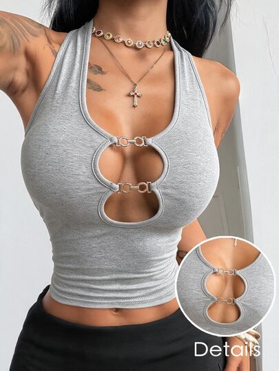Coolane Women's All-Season Streetwear Sexy Chic Party Club Night Stretchy Cut Out Black Bustier Halter Cut Out Top Summer For Women Grey Top, Summer Top