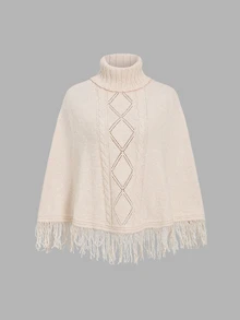 FavEase Women's Gentle High Neck Tassel Hem Knit Top - Apricot - View 2