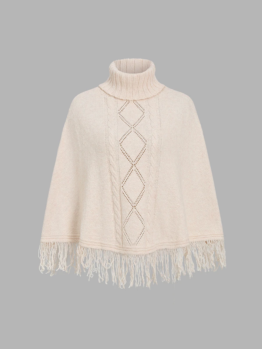 FavEase Women's Gentle High Neck Tassel Hem Knit Top - Apricot - View 1
