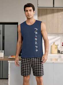 CoupledUp FRIENDS X SHEIN Men's American Vintage Letter Print Tank Top And Plaid Shorts Pajama Set - Blue - View 2