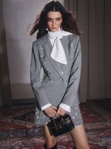 Anewsta Women's Elegant Heavy Beaded & Rhinestone Hand-Embellished Blazer + Skirt 2 Pieces Set - Grey - View 1