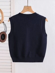 SHEIN Tween Girl) Cute Navy Blue Argyle Pattern Pullover Vest, Preppy Style, Autumn/Winter Outerwear, Fashion Vacation Essential - Navy Blue - View 2
