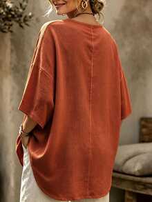 EMERY ROSE Women's Loose Solid Color Minimalist Elegant Casual Versatile Short Sleeve Round Neck Blouse Top - Orange - View 2