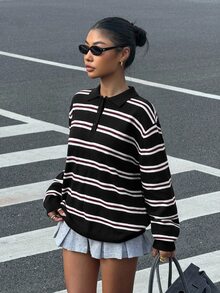 Muchica 女款條紋 Polo 領落肩長袖休閒百搭針織衫 - 黑色 - 查看 1