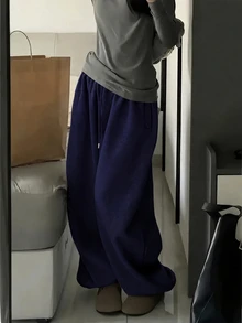 SHEIN 女款純色抽繩腰鬆弛休閒百搭運動長褲 - 藍色 - 查看 5